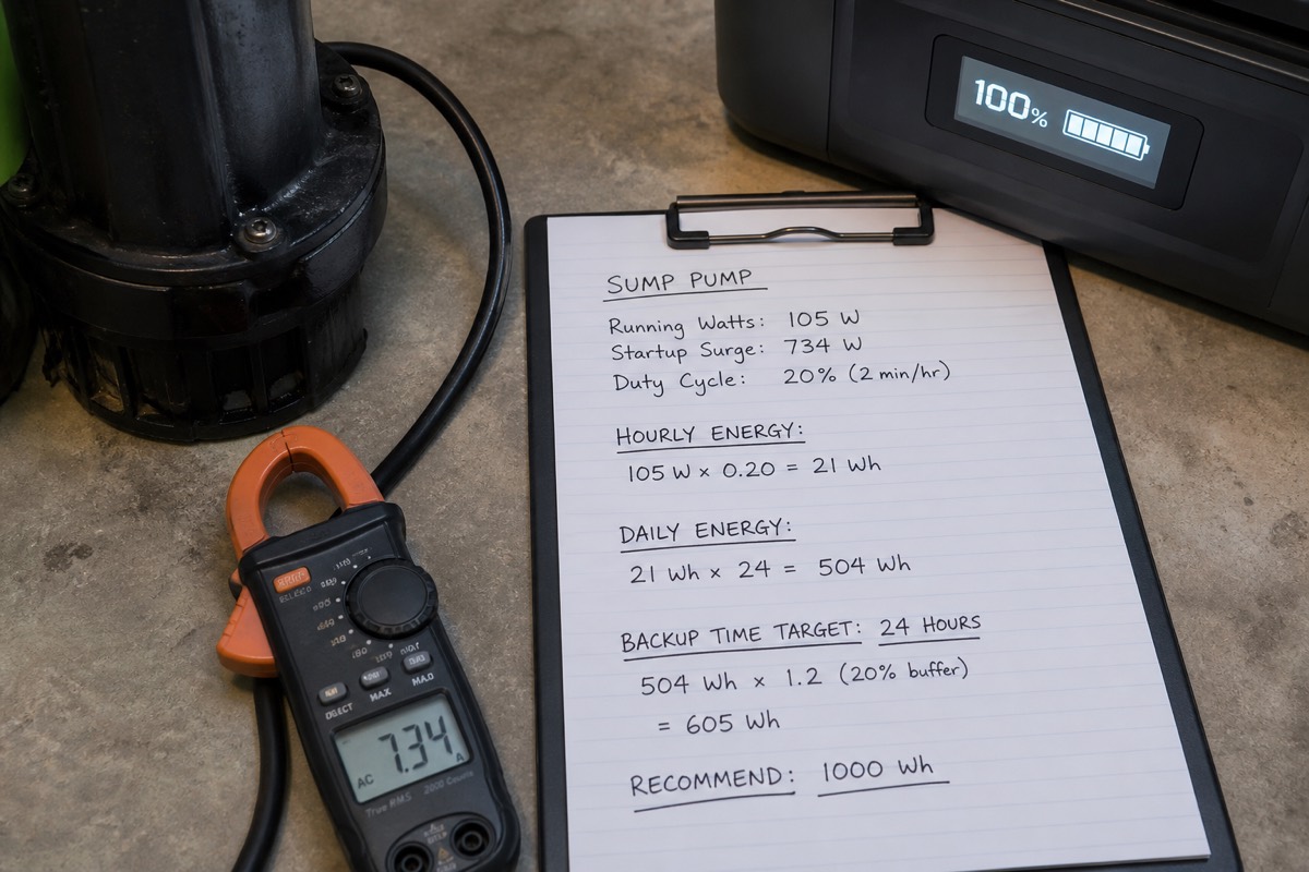 Clamp meter and handwritten sump pump watt math beside a portable backup battery