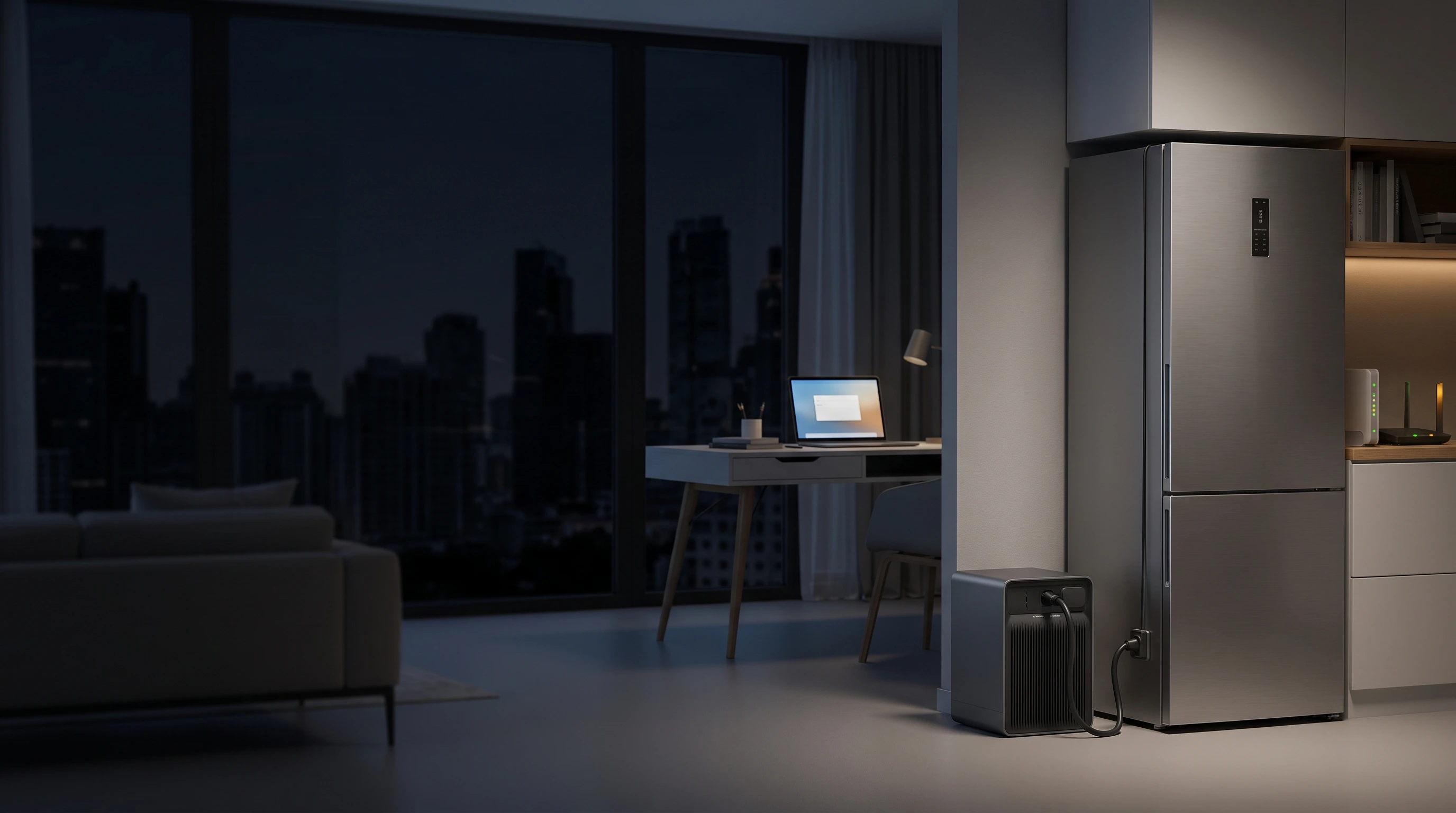 Apartment refrigerator and work-from-home desk connected to an indoor backup battery