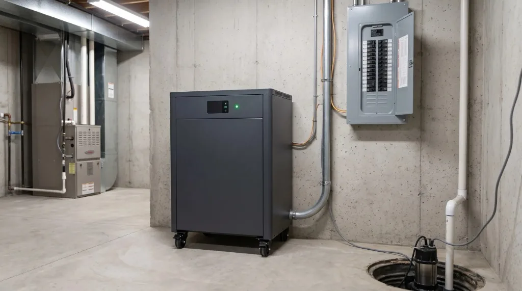 Unfinished basement with a wheeled backup battery hardwired to an open circuit panel beside a sump pump and furnace