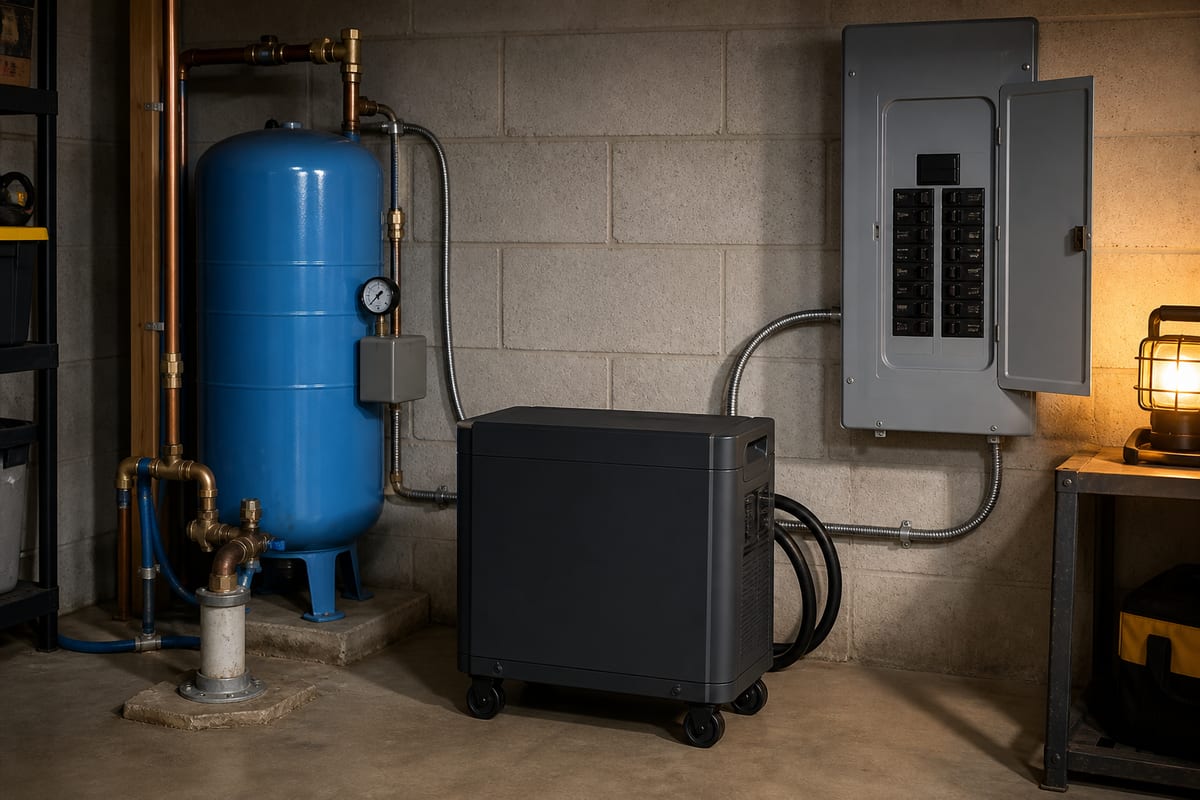 A home battery next to a private well pump and electrical transfer panel