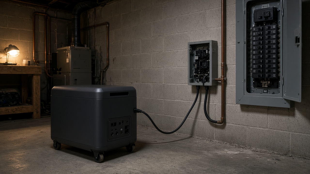 Portable home backup battery cabled to a transfer switch beside an open electrical panel in a basement