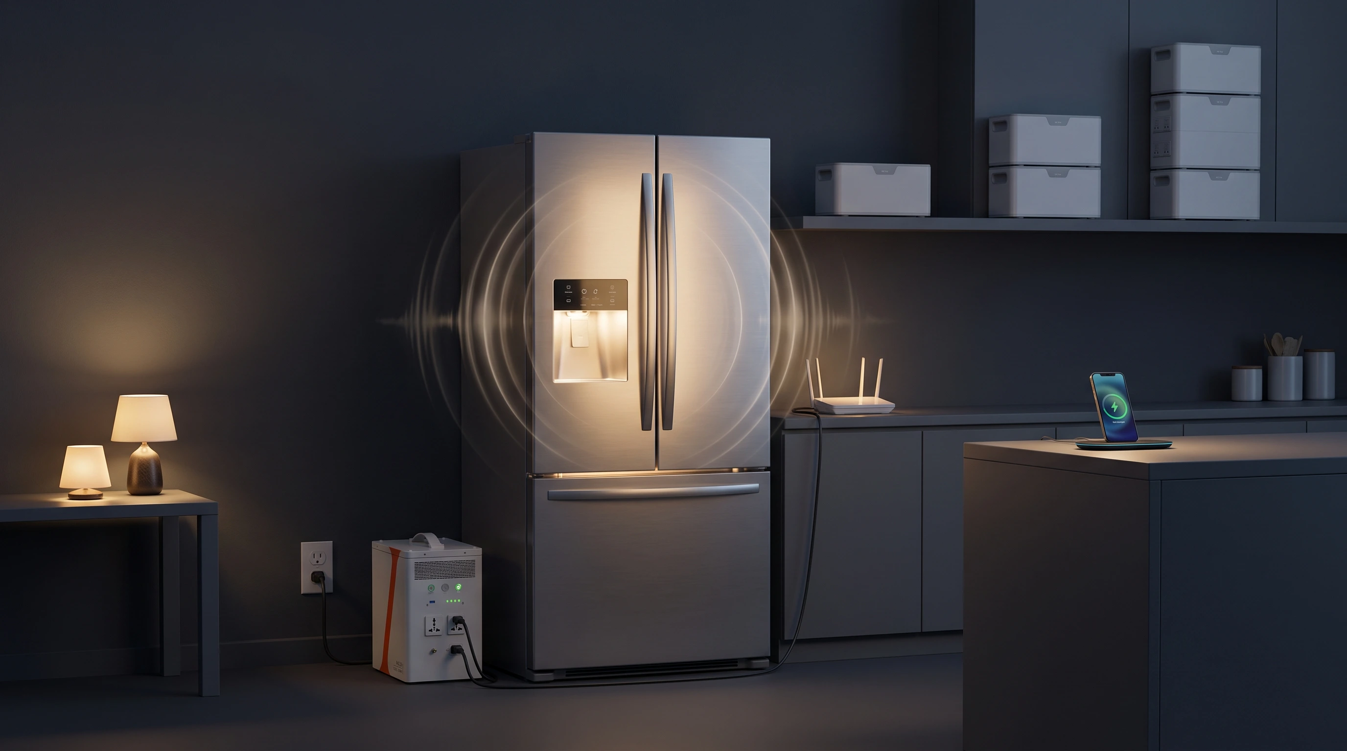 Home refrigerator and essentials during a power outage with a plug-in backup battery nearby