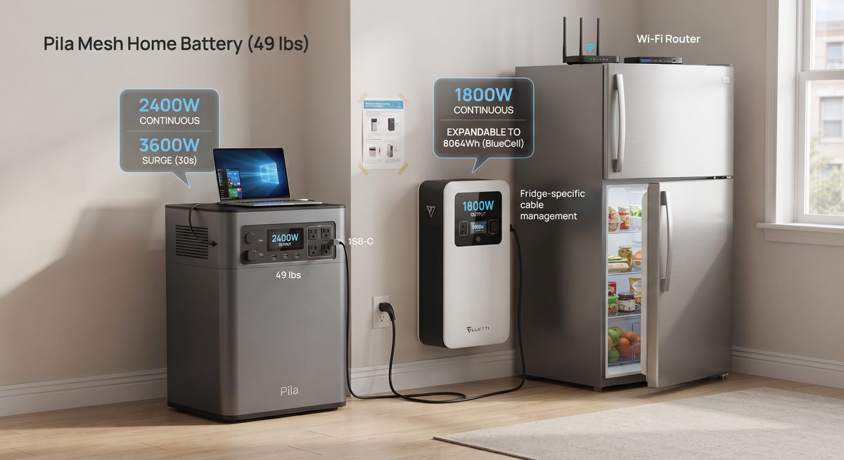 Slim apartment battery beside a refrigerator with router and essential devices nearby